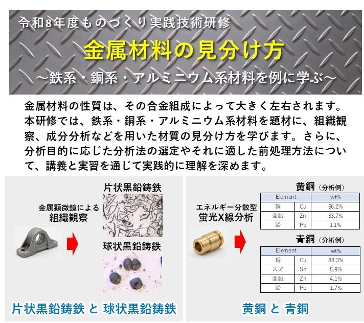 ものづくり実践技術研修「金属材料の見分け方　～鉄系・銅系・アルミニウム系材料を例に学ぶ～」